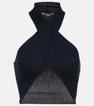 Ribbed-knit cropped halter top