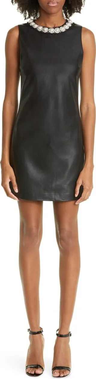 Coley Embellished Neckline Faux Leather Dress
