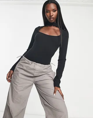 ASOS DESIGN choker neck long sleeve bodysuit in black