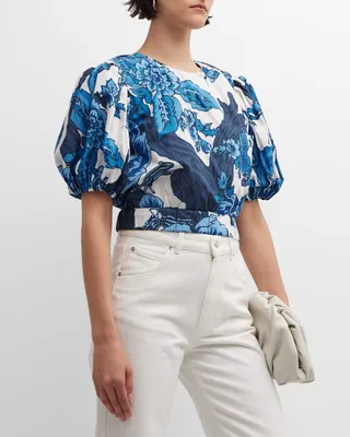 Olive Printed Puff-Sleeve Top