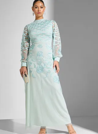 Puff Sleeve Mesh Detail Dress