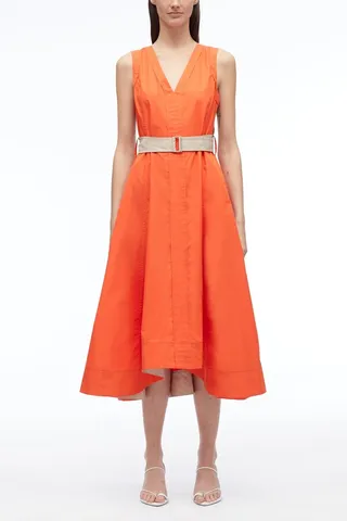 V-Neck Belted Poplin Midi Dress in tangerine-khaki