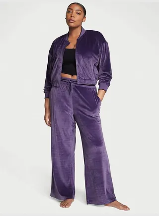 Velour Ribbed High-Rise Wide Leg Pants