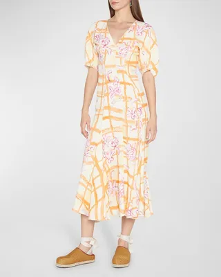Floral Check-Print Fit-&-Flare Midi Dress