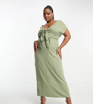 ASOS DESIGN Curve v-neck linen double bow detail pencil midi dress in khaki