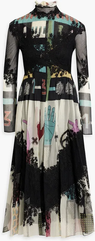 Lace-paneled printed silk-chiffon dress