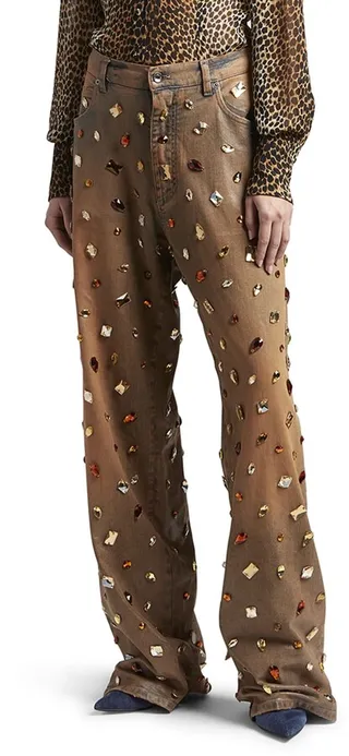 Gem Embellished Coated Wide-Leg Jeans