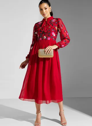 High Neck Floral Mesh Detail Dress