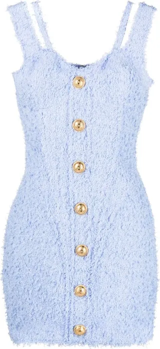 Button-Embellished Tweed Minidress