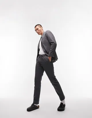 Topman skinny washed cotton suit pants with elastic waist in charcoal