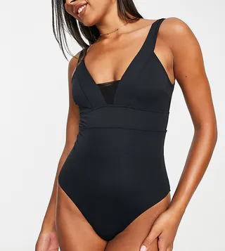 Accessorize plunge front with mesh insert swimsuit in black