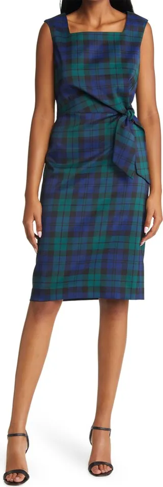Plaid Side Tie Scuba Crepe Sheath Dress