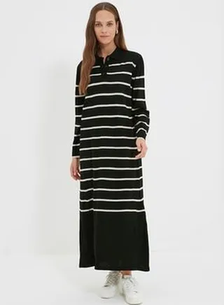 Black Polo Neck Striped Sweater Dress TCTAW22EB0212