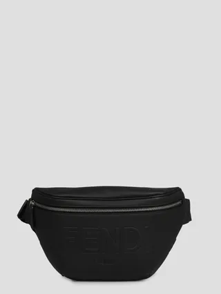 Fendi belt bag in grained leather with 3D Fendi Roma lettering on the front.