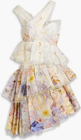 Tiered floral-print silk and linen-blend gauze mini dress
