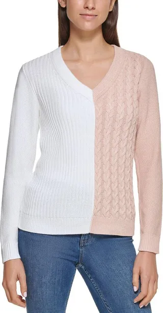 Womens Colorblock Ribbed V-Neck Sweater