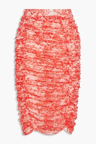 Ruched floral-print mesh mini skirt
