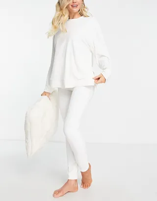 ASOS DESIGN lounge rib velour sweat & legging set in cream