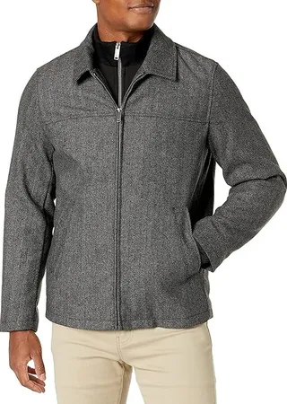 Dockers Men's Wool Blend Open Bottom Jacket with Quilted Bib (Charcoal Herringbone) Men's Coat