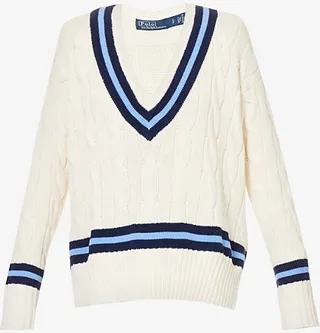 Womens Cream Cricket Relaxed-fit V-neck Cable-knit Jumper