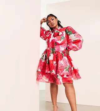 ASOS LUXE Curve chiffon mini swing dress with pussybow in floral