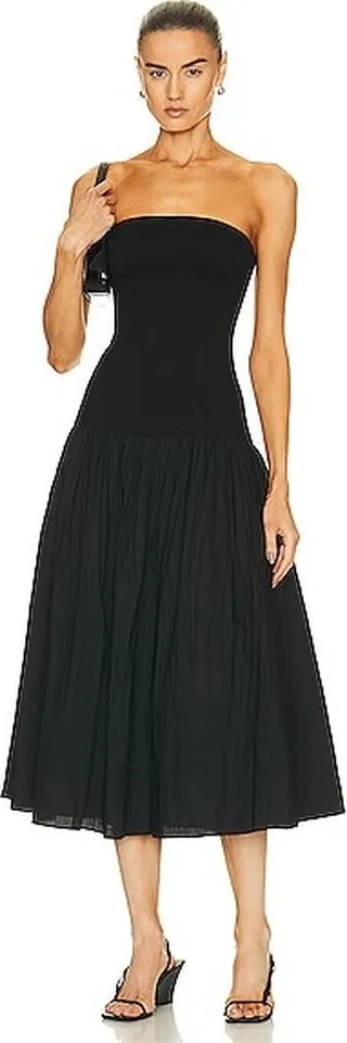NICHOLAS Jaxon Drop Waist Broomstick Pleated Midi Dress in Black