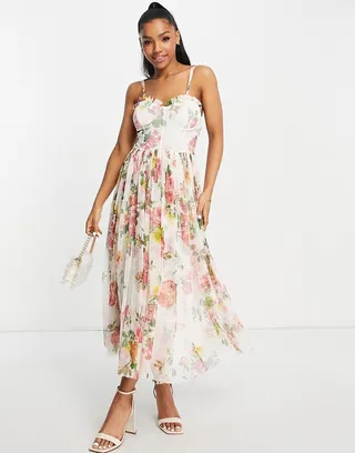 Lace & Beads corset tulle midi dress in soft floral
