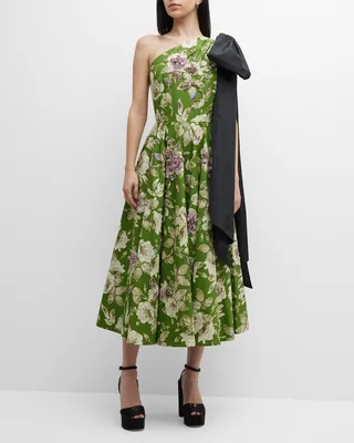 One-Shoulder Bow Floral Beaded Midi Dress