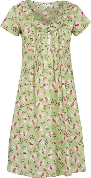 At Last... - Cotton Karen Short Sleeve Day Dress In Pistachio With Pink Busy Bees