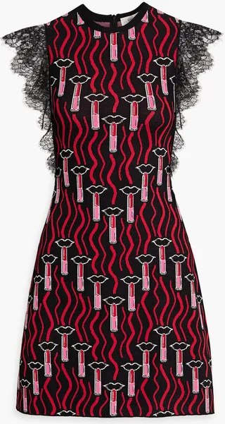 Lace-trimmed jacquard-knit mini dress