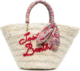 Embroidered-Logo Woven Straw Tote Bag