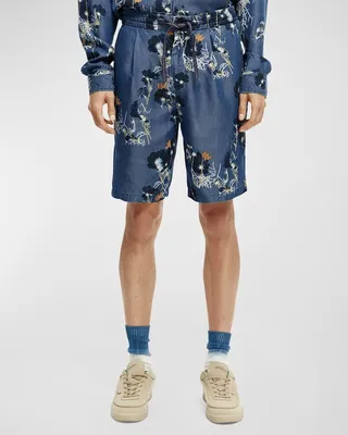 Men's Pleated Floral Drawstring Shorts