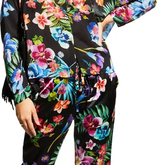 Maeve Floral Print Long Sleeve Button Tunic in Black Multi Color