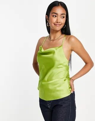 Topshop cowl satin bias cami in lime