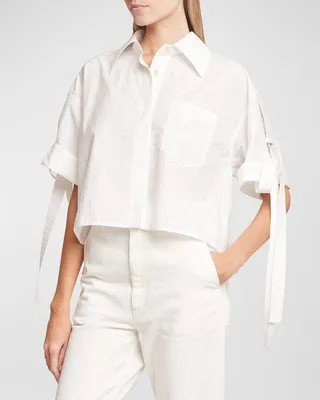 x Paula's Ibiza Cropped Workwear Shirt with Self-Tie Strap Detail