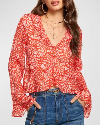 Butterfly-Print Alyson Button-Front Blouse