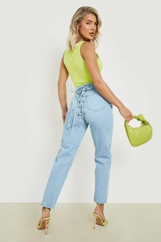 Laced Up Back High Waist Mom Jeans