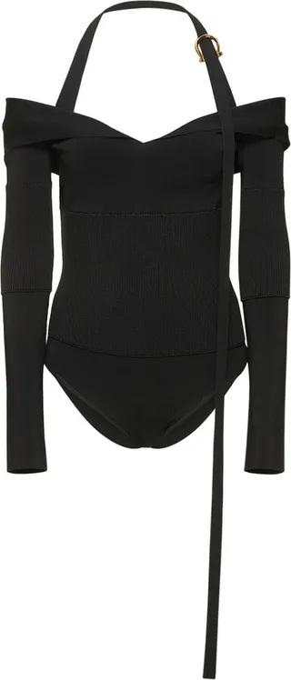 Knit halter off-the-shoulder bodysuit