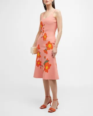 Trumpet Midi Dress with Intarsia Knit Floral Detail