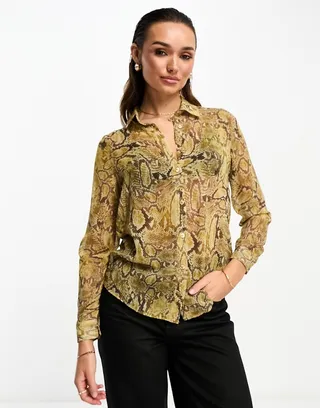 ASOS DESIGN long sleeve soft shirt in brown snake print