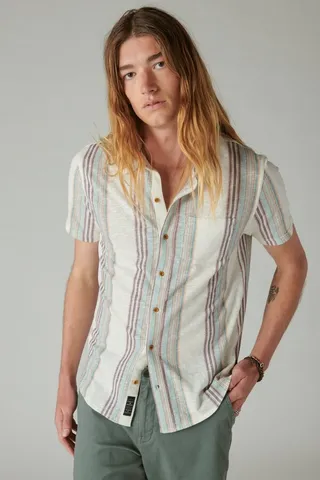 Linen Short Sleeve Multi Stripe Button Up Shirt