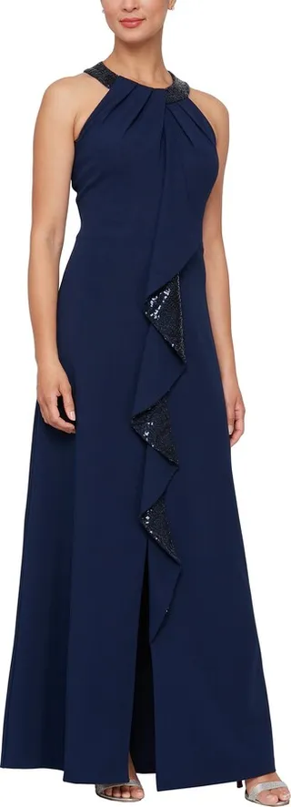 Halter Neckline Sequin Cascade Dress