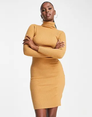 Brave Soul juliet high neck knit sweater dress in camel
