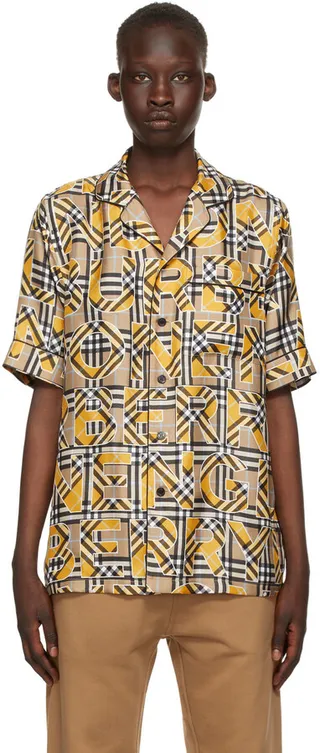 Burberry Beige Silk Logo & Vintage Check Short Sleeve Shirt