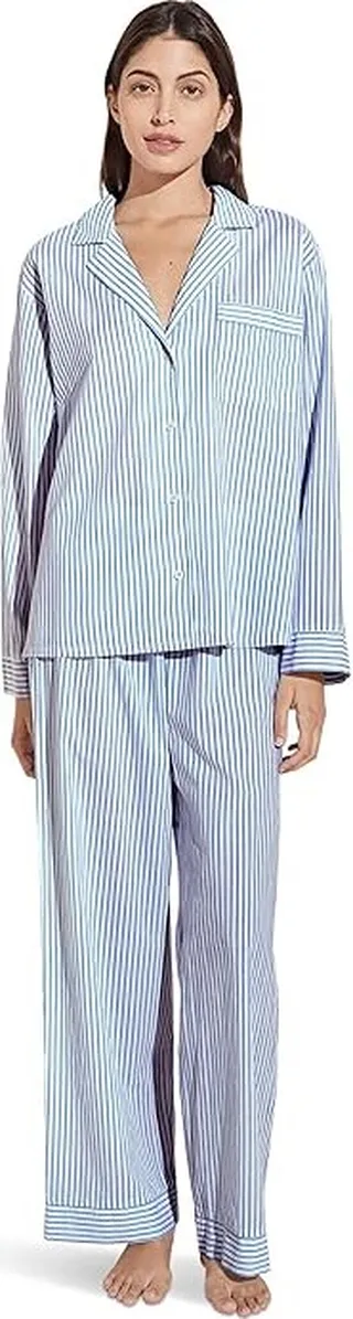Eberjey Organic Sandwashed Cotton Printed - The Long PJ Set (Nautico Stripe Azure) Women's Pajama Sets