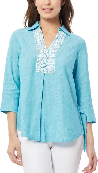 Jones New York Women's Lace Trim V-Neck High-Low Linen Tunic Blouse