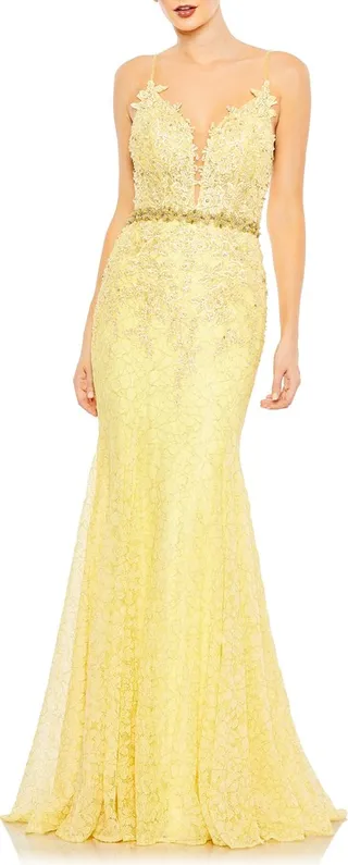 Floral Appliqué and Lace Trumpet Gown