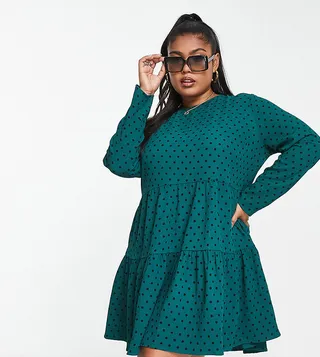 ASOS DESIGN Curve long sleeve tiered smock mini dress in bottle green spot