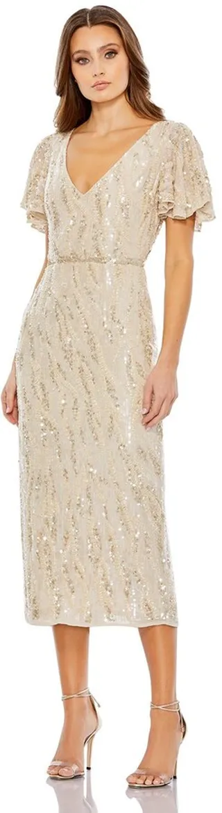 Sequined V Neck Flutter Sleeve Tea Length Dress
