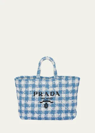 Logo Checkered Raffia Tote Bag
